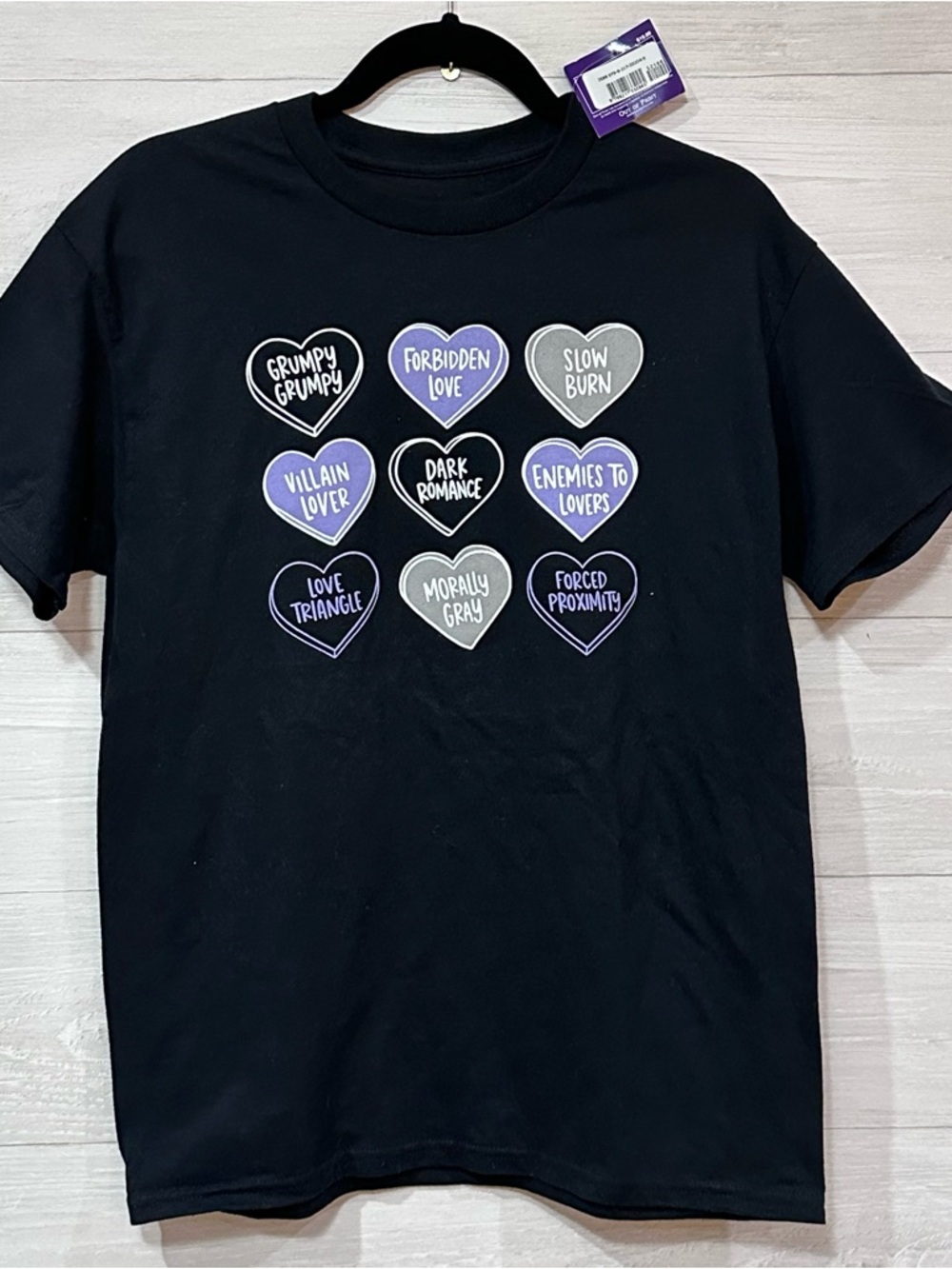 New - Out of Print Tee with Purple & White Book Lover Conversation Hearts